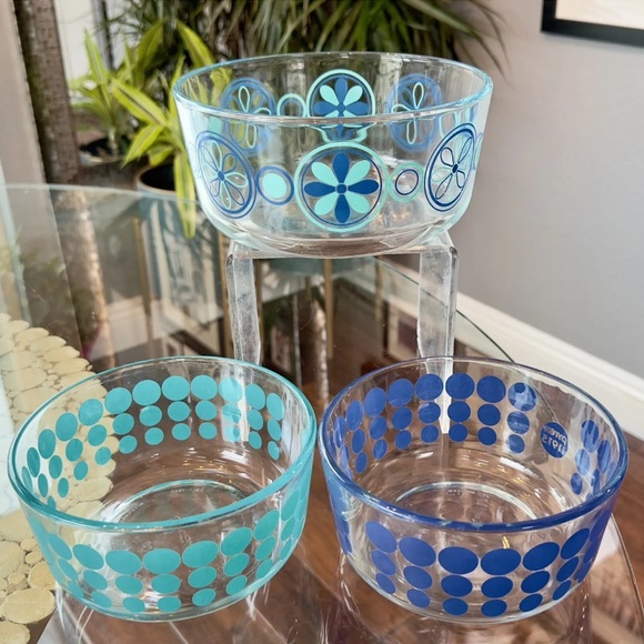 Set of Three Classic PYREX Clear Patterned Bowls - Turquoise & Navy RETRO BOHO - Picture 10 of 11